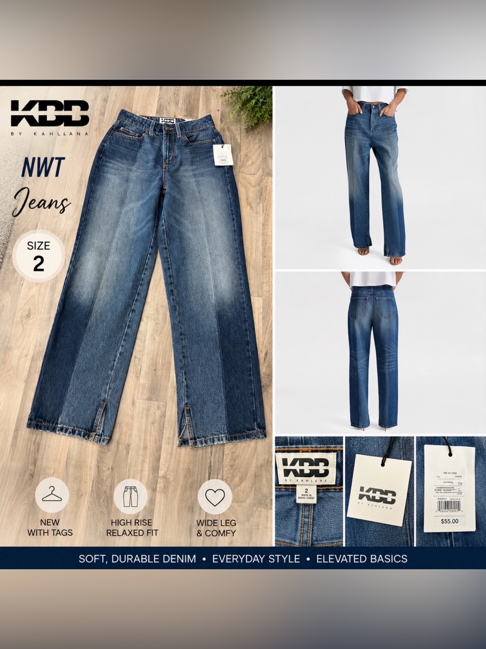 KBB by KAHLANA High Rise Wide Leg Jeans NWT Size 2 | Dark Wash